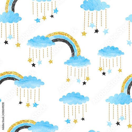 Cute seamless pattern with rainbows, clouds and stars. Vector watercolor illu...