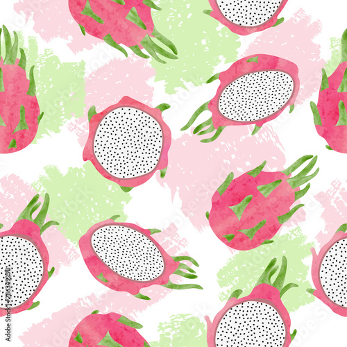 Seamless abstract pattern with dragon fruits. Vector tropical background.
