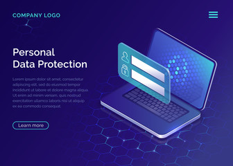 Protecting personal data concept, internet account security guarantee isometric vector. Frame with login and password in front of open laptop screen on blue honeycomb background, landing web site page