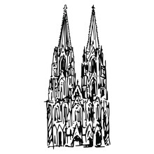 Cologne Cathedral In Germany. Gothic Christian Temple. Kölner Dom. Hand Draw Sketch. Black And White Silhouette.
