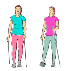 Wall Mural - Nordic or scandinavian walking. Set of two women in t-shirt and leggings with sticks. Safe fitness. Black isolated contour and colors. Hand drawn style. Vector element. Colorful flat illustration.