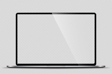 Realistic Darkgrey Notebook with Transparent Screen Isolated. Laptop. Open Display. Can Use for Project, Presentation. Blank Device Mock Up. Separate Groups and Layers. Easily Editable Vector.