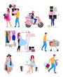 © The img - Shopping pastime flat vector characters set. Male, female shoppers buying clothes, presents. Purchasing gifts for birthday, Christmas. Choosing luxury outfit in boutique. Delivery service courier