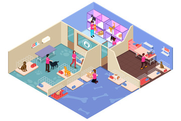 Poster - Isometric People Volunteering in Animal Shelter Illustration