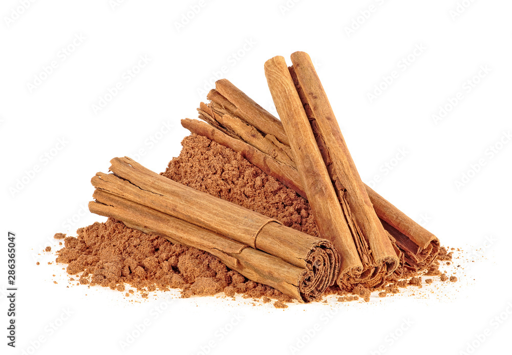 Ceylon cinnamon sticks with powder on a white background - obrazy, fototapety, plakaty 