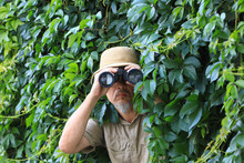 Traveler Looks Through Binoculars In The Leaves