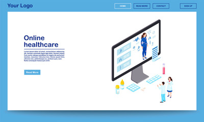 Online healthcare isometric website template. Remote doctors analysing woman health, prescribing medication. Distance internal organs scanning, internet diagnostics. Ehealth homepage with text space