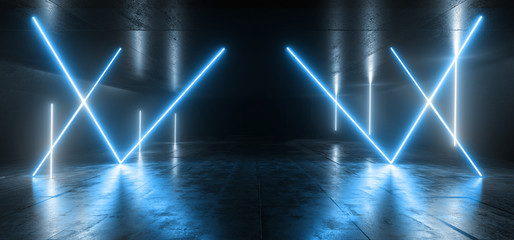 Sci Fi Neon Lights Blue Futuristic Fluorescent Sci Fi Glowing Concrete Grunge Dark Empty Corridor Hallway Tunnel Underground Room Stage Virtual Cyber Laser Beam 3D Rendering