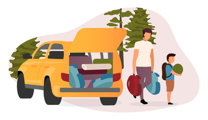 Wall Mural - family road trip flat vector illustration. cartoon father and son carrying backpacks, watermelon. ca