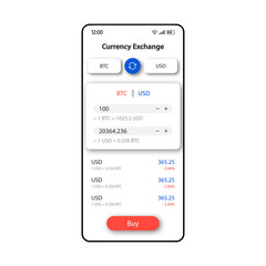 Currency exchange smartphone interface vector template. Mobile app page white design layout. Bitcoin and dollar exchange rates screen. Flat UI for application. Cryptocurrency converter phone display