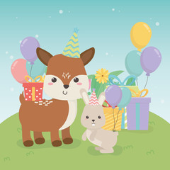 Sticker - cute fawn and rabbit in birthday party scene