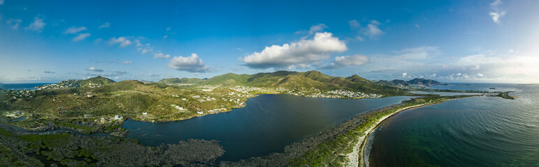 Canvas Print - Panoramic drone view of the Baie de l'Embouchure and Etang aux Poissons in Saint Martin 