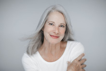 Stunning Beautiful And Self Confident Best Aged Woman With Grey Hair Smiling Into Camera