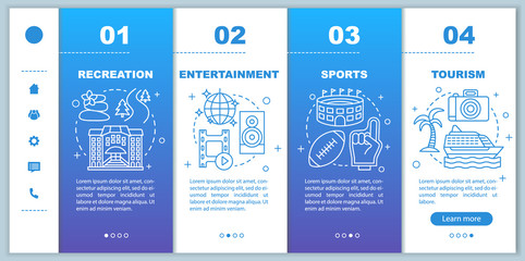 Recreation industries onboarding mobile web pages vector template. Sports, tourism. Responsive smartphone website interface idea with linear icons. Webpage walkthrough step screens. Color concept