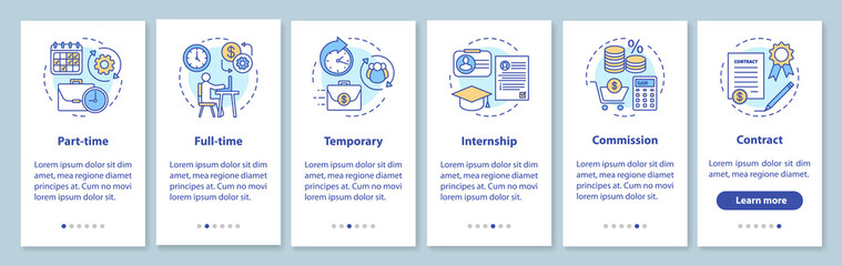 Jobs types onboarding mobile app page screen with linear concepts. Part-time, full-time, temporary, internship walkthrough steps graphic instructions. UX, UI, GUI vector template with icons