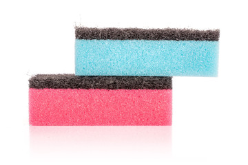 Wall Mural - Group of two whole pink and blue cleaning kitchen sponge isolated on white background