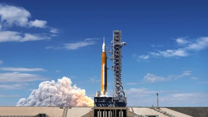 Wall Mural - takeoff of space launch system. slow motion. full 3d animation. 4k. ultra high definition. 3840x2160