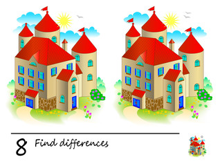 Wall Mural - Find 8 differences. Logic puzzle game for children and adults. Printable page for kids brain teaser book. Illustration of medieval castle from fairy tale. Developing counting skills. IQ training test.