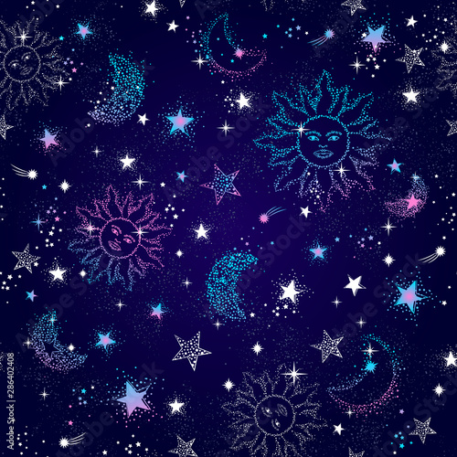 Cotton fabric Space Galaxy constellation seamless pattern print could be used for textile, zodiac star yoga mat, phone case