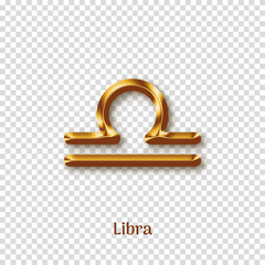 Wall Mural - Libra golden zodiac sign with shadow isolated on transparent background. Luxury star sign for astrology horoscope prediction. Realistic gold design of horoscope constellation vector illustration