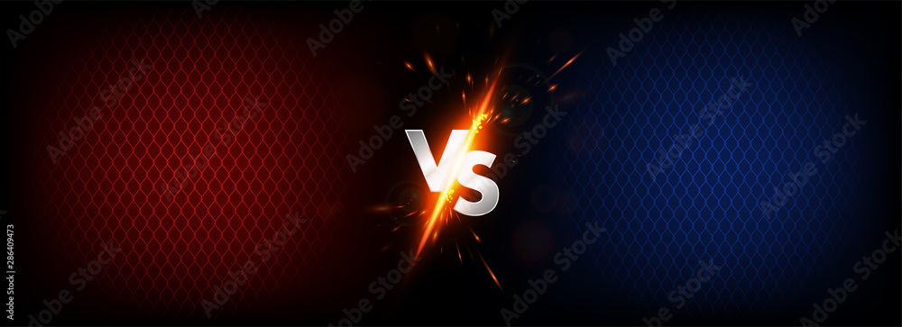 Dark Versus Battle. MMA concept - Fight night, MMA, boxing, wrestling, Thai boxing. VS collision of metal letters with sparks and glow on a red-blue background and octagon grid. Versus battle. Vector - obrazy, fototapety, plakaty 