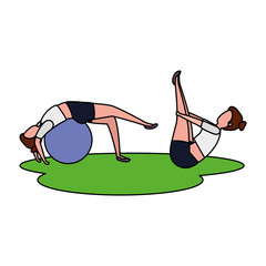 Wall Mural - beauty girls couple practicing pilates with balloon in grass