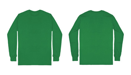 Wall Mural - Blank plain green long sleeve t shirt front and back view isolated on white background. Set of long sleeve tee, ready for your mockup design