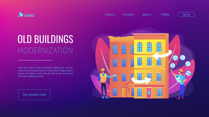 Poster - Residential house reconstruction, city renovation. Old buildings modernization, building up service, construction modernization solutions concept. Website homepage landing web page template.