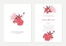 Minimalist Botanical Wedding Invitation Card Template Design, Bouquet Of Flowers And Leaves In Red Tones On White Background