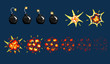 Pixel art detonation of bomb. Game icons set. Comic boom flame effects for emotion.