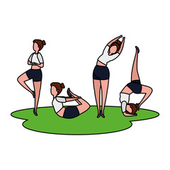 Wall Mural - beauty girls group practicing pilates in the grass