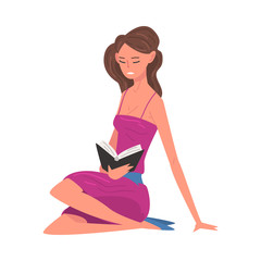 Sticker - Beautiful Young Woman Sitting on Floor and Reading Book Vector Illustration