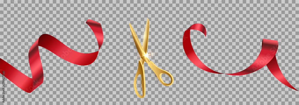 Golden scissors cut red ribbon realistic illustration - obrazy, fototapety, plakaty 