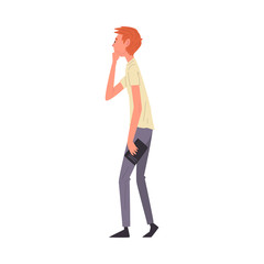 Sticker - Thoughtful Stooped Young Man Walking Holding Book in His Hand Vector Illustration