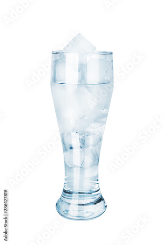 One Transparent Glass Full Of Cool Crystal Clear Water And Ice Cubes On White Background Isolated