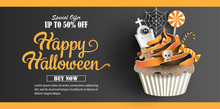 Halloween Sale Promotion Banner With Discount Offer On Special Occasion, Give Voucher, Banner, Poster Or Background, Paper Art And Craft Style, Cupcake With Sweets Decorations.