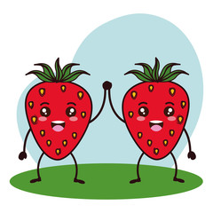 Wall Mural - fresh strawberries couple fruits kawaii characters