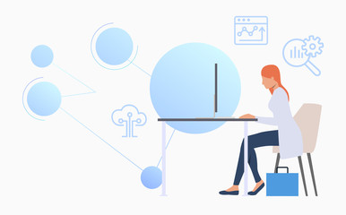 Wall Mural - Neuroscientist working at computer. Science laboratory, clinical lab, experiments. Research concept. Vector illustration for webpage, landing page