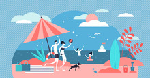 Family At Beach Vector Illustration. Flat Tiny Summer Relax Persons Concept