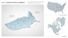Vector Set Of United States Of America  Country.  Isometric 3d Map, United States Of America  Map, North America Map - With Region, State Names And City Names.