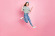 © deagreez - Full length body size view of her she nice attractive lovely charming cute pretty winsome cheerful cheery girlish straight-haired girl having fun showing v-sign fooling isolated over pink background