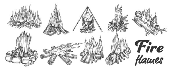 Wall Mural - collection of different campfire ink set vector. forest burning firewood for cooking soup meal. warm