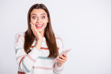 Wall Mural - pretty lady holding telephone hands reading unexpected novelty wear striped pullover isolated white 