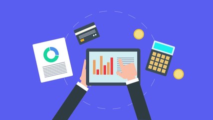 Poster - businessman analyzing financial and marketing report, hand holding tablet, accounting, calculation c