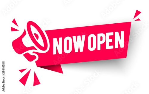 Fotomural Vector Illustration Red Banner now open With Megaphone
