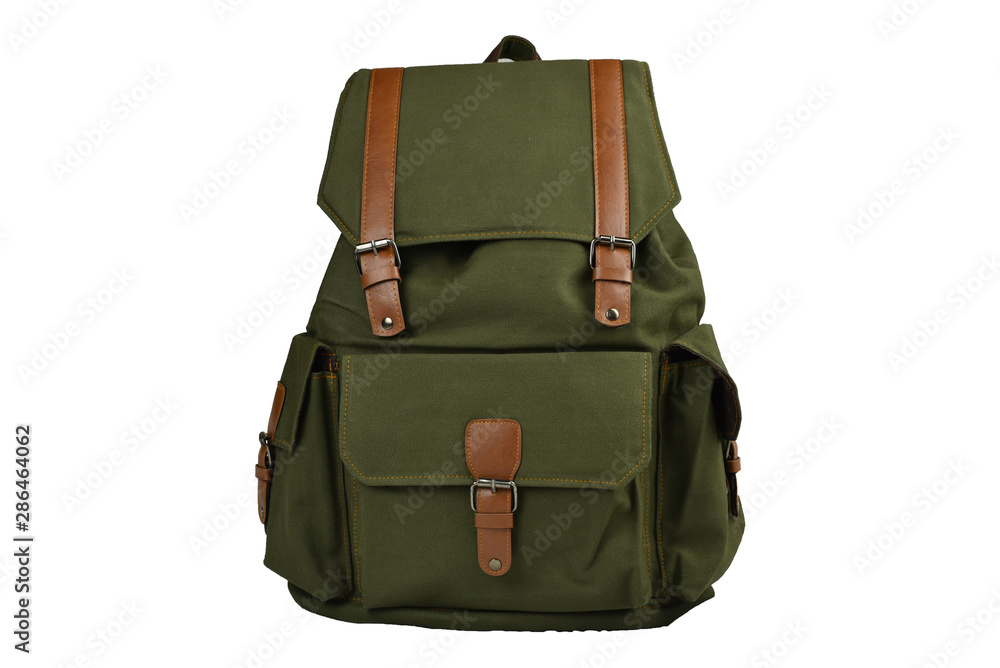 Canvas Backpack accessories isolated hipster background white. brown with green canvas bag. Hand made backpack for travelers. front view - obrazy, fototapety, plakaty 