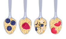 A Spoonful Of Muesli Oatmeal With Fruits Isolated On A White Background