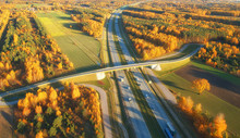 Drone View Of Highway In Autumn Scenery