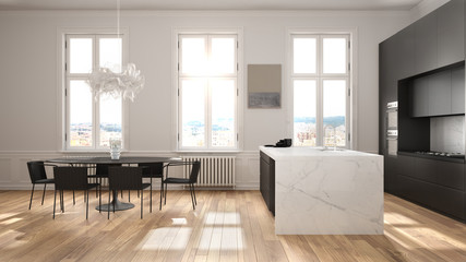 Minimalist white and black kitchen in classic room with moldings, parquet floor, dining table with chairs, marble island and panoramic windows. Modern architecture interior design