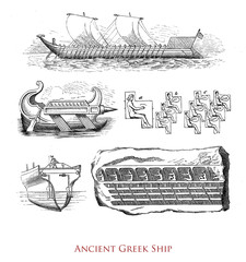 Antiquity: ancient Greek ship, a 'catamaran hull' galley with rows of rowers and rectangular sails